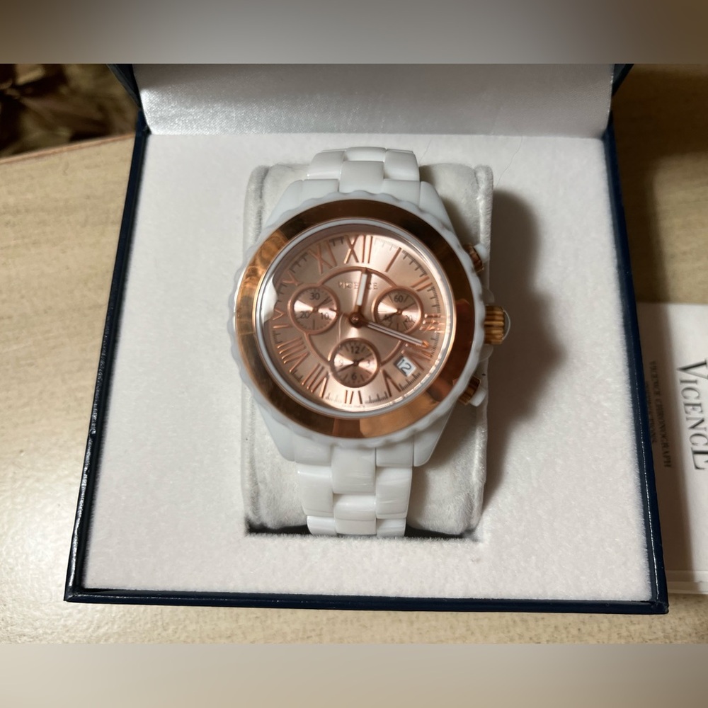 Vicence Italian Gold Bold White Ceramic Chronograph Watch 14K Rose Gold NWT